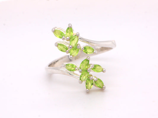 Sterling Silver 925 Natural Peridot Flower Petal Wrap Around Ring Size Q