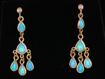 Beautiful 9ct Yellow Gold Cabochon Opal Chandelier Drop Earrings Brand New