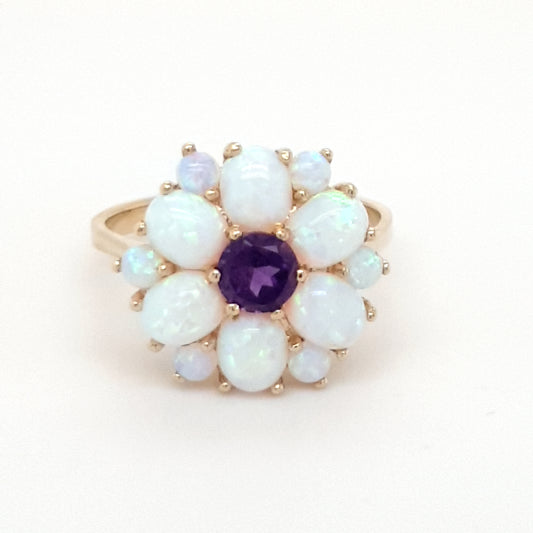 9ct Yellow Gold Opal & Amethyst Large Flower Cluster Ring Size M R281