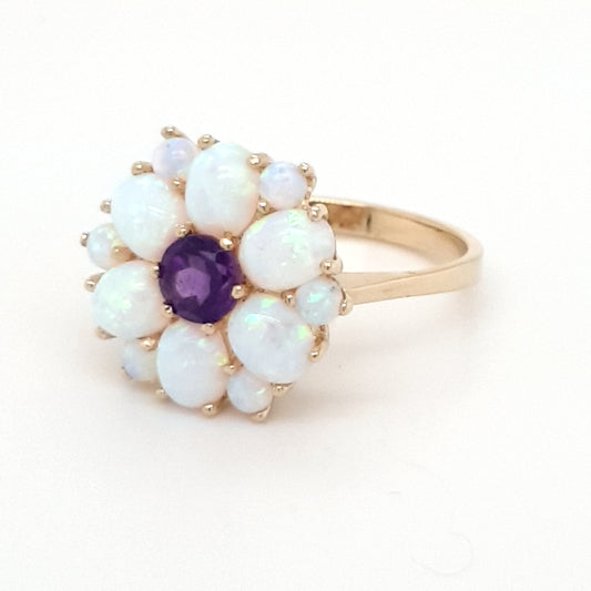 9ct Yellow Gold Opal & Amethyst Large Flower Cluster Ring Size M R281