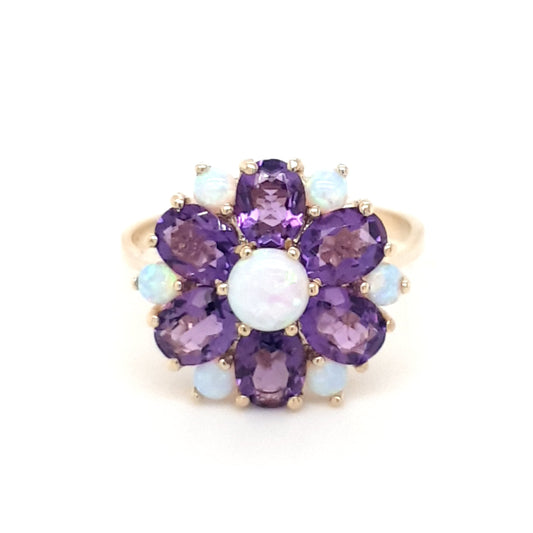 9ct Yellow Gold Opal & Amethyst Large Flower Cluster Ring Size M R280