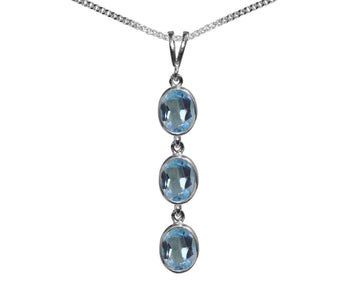 BJC® Sterling Silver 925 Natural Blue Topaz Triple Drop Oval Pendant & Necklace