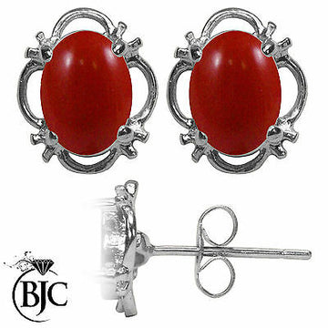 BJC® 9ct White Gold Natural Red Coral Single Stud Earrings Studs 1.50ct