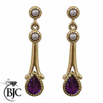 BJC® 9ct Yellow Gold Amethyst & Pearl Teardrop Drop Stud Earrings Studs ER68