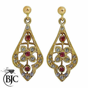 BJC® 9ct Yellow Gold Ruby & Diamond Drop Dangling Hanging Earrings Studs ER43