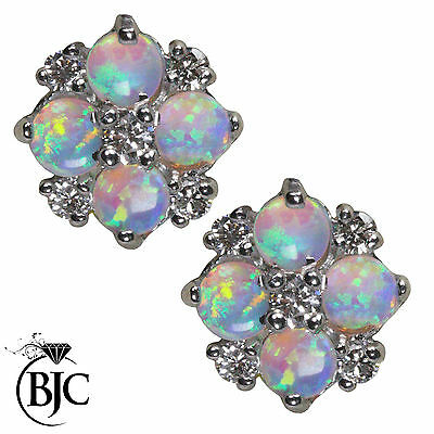 BJC® 9ct White Gold Natural Opal & Diamond Cluster 0.80ct 0.34ct Stud Earrings