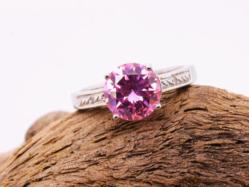 Sterling Silver 925 Round Pink Topaz & Diamond Solitaire Engagement Accented Ring Size M