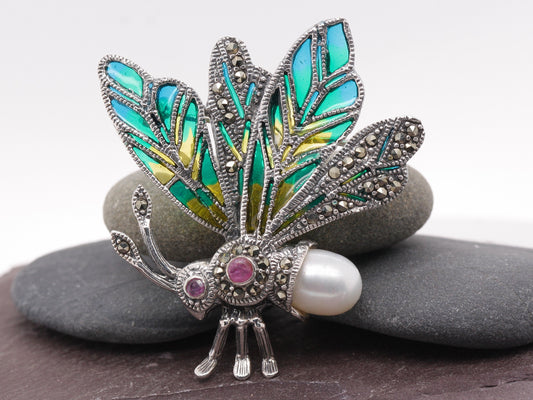 Handmade 925 Sterling Silver Plique-à-jour Enamelled Ruby Pearl Marcasite Bug Brooch Butterfly