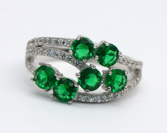 Sterling Silver 925 Emerald & CZ Round Brilliant Cocktail Ring Size N
