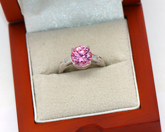 Sterling Silver 925 Round Pink Topaz & Diamond Solitaire Engagement Accented Ring Size M