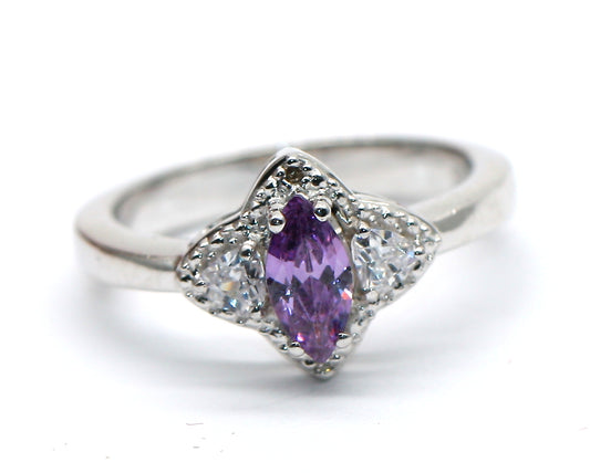 Sterling Silver 925 Amethyst & CZ Marquise and Trillion Trilogy Ring Size L