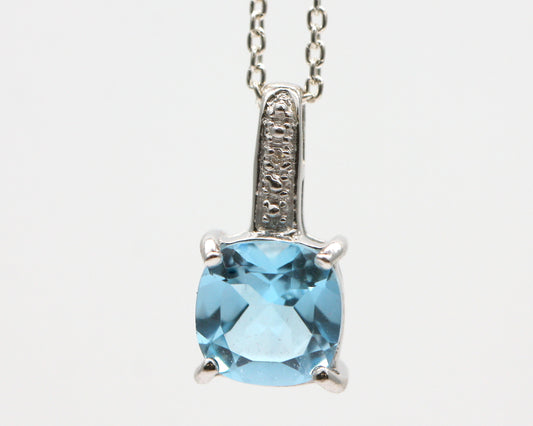 BJC® Sterling Silver Blue Topaz & Diamond Cushion Drop Pendant & Silver Necklace SP2