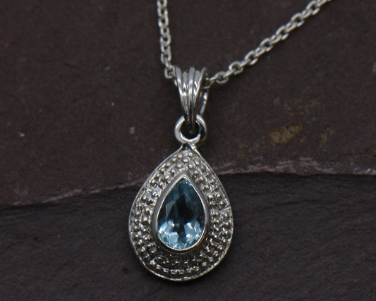Sterling Silver Natural Blue Topaz & Diamond Birthstone Teardrop Pear Pendant With Optional Silver Necklace