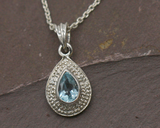 Sterling Silver Natural Blue Topaz & Diamond Birthstone Teardrop Pear Pendant With Optional Silver Necklace