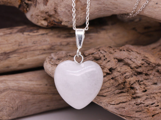 Sterling Silver Natural White Quartz 20mm Love Heart Pendant & Necklace