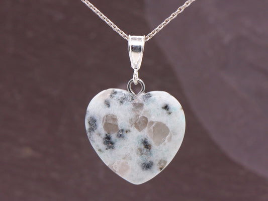 Sterling Silver Natural White Gem Marble 20mm Love Heart Pendant & Necklace