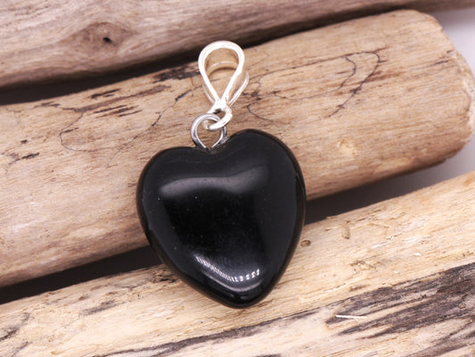Sterling Silver Natural Black Onyx 16mm Love Heart Pendant & Necklace