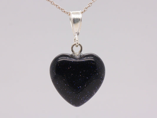 Sterling Silver Glitter Blue Goldstone 16mm Love Heart Pendant & Necklace
