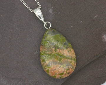 BJC® Sterling Silver Natural Unakite Jasper Teardrop Pear Drop Pendant & Necklace