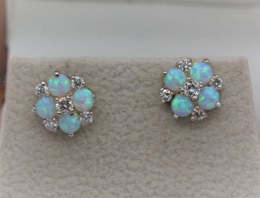 BJC® 9ct White Gold Natural Opal & Diamond Cluster 0.80ct 0.34ct Stud Earrings