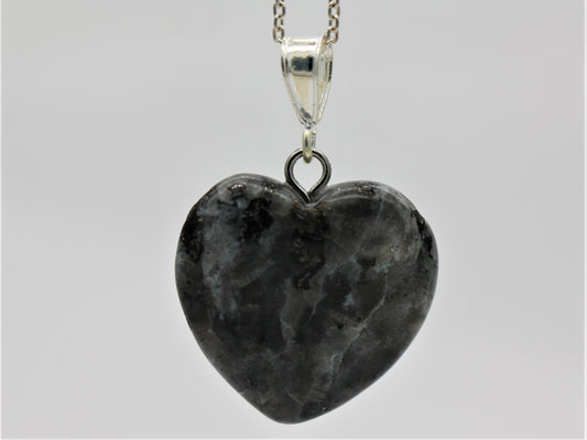 Sterling Silver Natural Black Gem Marble 20mm Love Heart Pendant & Necklace