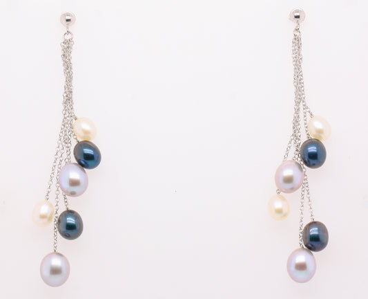 Sterling Silver Natural Blue & White Pearl Drop Dangling Studs Earrings