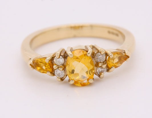 9ct Yellow Gold Citrine & Diamond Size O Engagement Dress Ring R178