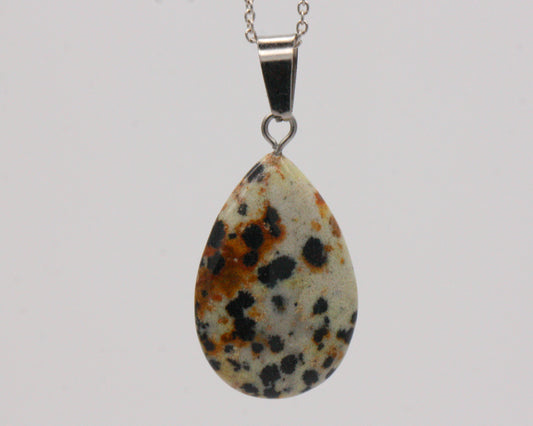 BJC® Sterling Silver Natural Dalmatian Jasper Teardrop Pear Drop Pendant & Necklace