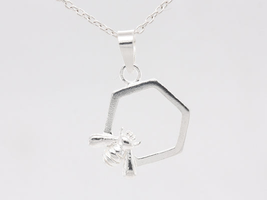 Sterling Silver Honey Bee Honeycomb Pendant & Silver Necklace