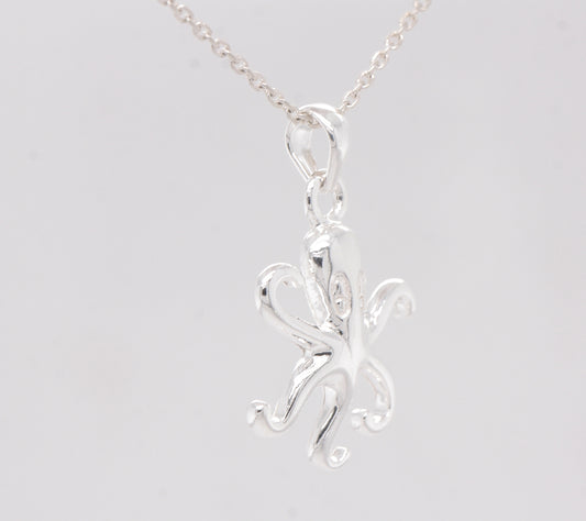 Sterling Silver Polished Octopus Pendant & Silver Necklace British Nature Pendant