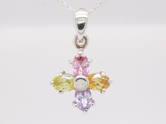 Sterling Silver Natural Gemstone Cubic Zirconia Daisy Pendant & Sterling Silver Necklace