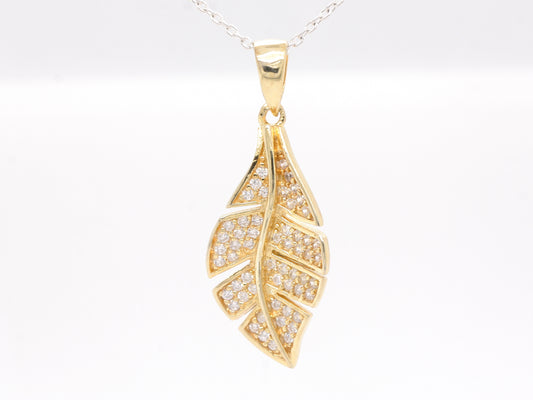 Solid Sterling Silver Designer Cubic Zirconia Leaf Pendant Finished In 18ct Yellow Gold