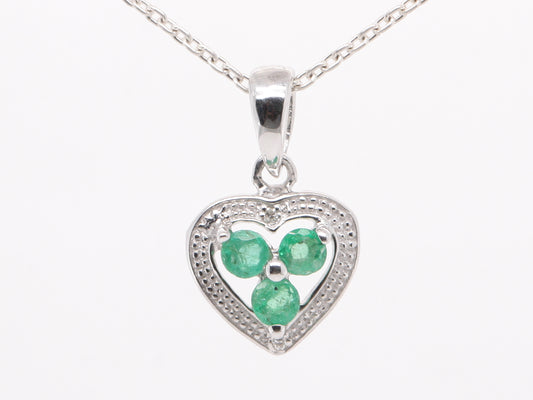 Sterling Silver Natural Emerald Diamond Heart Cluster Pendant & Necklace