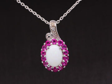 Sterling Silver Natural Ruby Opal Diamond Flower Pendant & Necklace