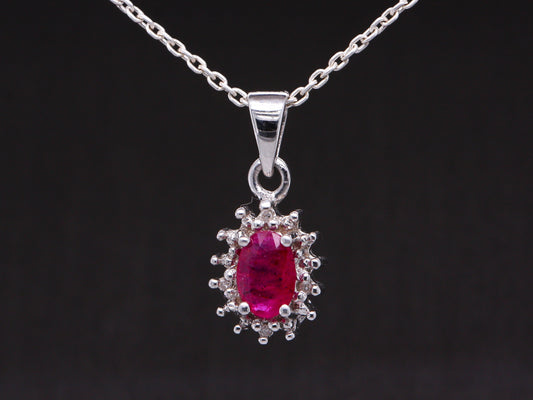 Sterling Silver Natural Ruby Diamond Oval Flower Cluster Pendant & Necklace