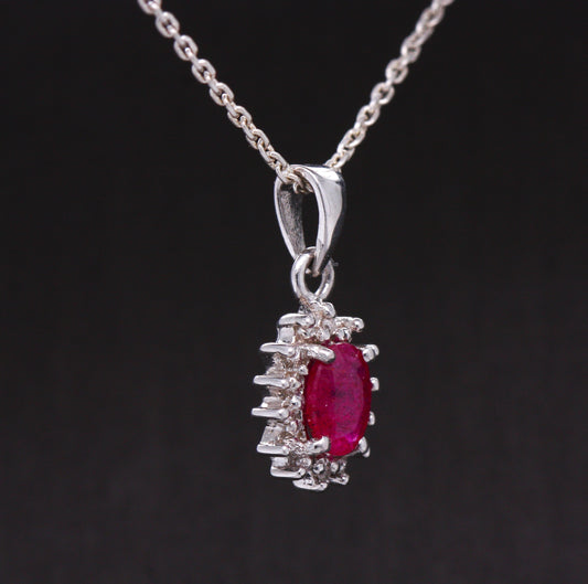 Sterling Silver Natural Ruby Diamond Oval Flower Cluster Pendant & Necklace