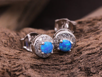 Beautiful Sterling Silver Blue Opal & Cubic Zirconia CZ Stud Earrings