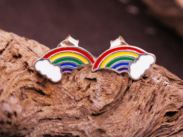 Beautiful Sterling Silver Half Rainbow & Rain Cloud Stud Earrings