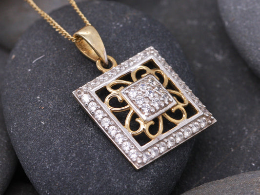 BJC® 9ct Yellow Gold Cubic Zirconia Square Cluster Pendant & Necklace P63