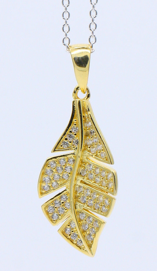 Solid Sterling Silver Designer Cubic Zirconia Leaf Pendant Finished In 18ct Yellow Gold