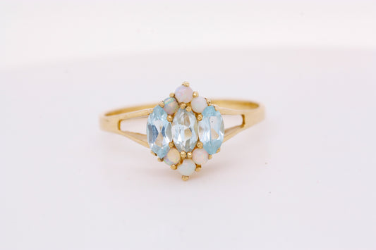 9ct Yellow Gold Natural Blue Topaz & Opal Cluster Ring Size O British Made