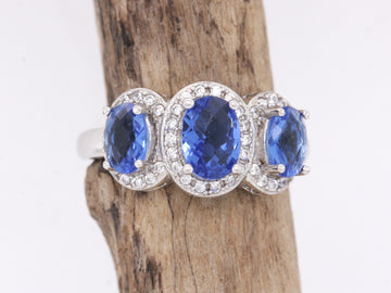 Sterling Silver 925 Sapphire & CZ Round Brilliant Trilogy Ring Size L