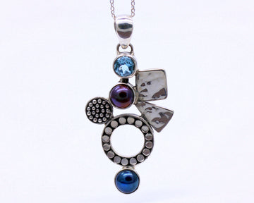 Sterling Silver Black Pearl & Blue Topaz Pendant & Sterling Silver Trace Necklace