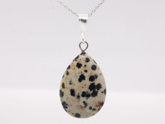 BJC® Sterling Silver Natural Dalmatian Jasper Teardrop Pear Drop Pendant & Necklace
