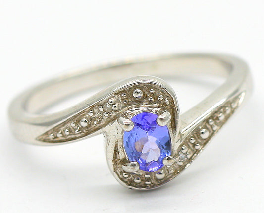 Sterling Silver 925 Tanzanite & Diamond Oval Cluster Dress Ring Size M & P