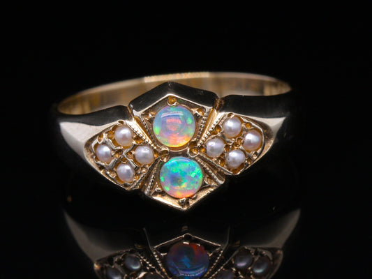 BJC® 9ct Yellow Gold Natural Opal & Pearl Size M Gothic Style Dress Ring R185