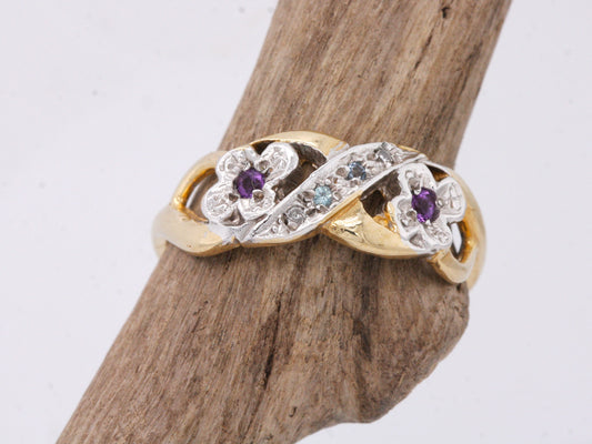 BJC® 9ct Yellow Gold Amethyst Blue Topaz & Diamond Cluster Flower Ring R266