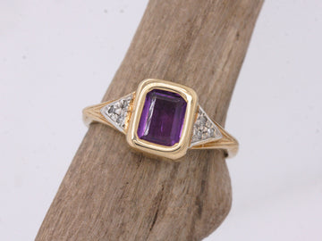 BJC® 9ct Yellow Gold Amethyst & Diamond Emerald Shape Solitaire Ring R272