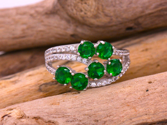 Sterling Silver 925 Emerald & CZ Round Brilliant Cocktail Ring Size N
