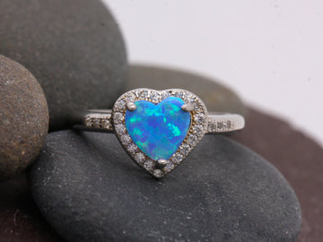 BJC® Sterling Silver Fiery Blue Opal & Cubic Zirconia Love Heart CZ Ring Size L